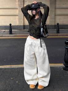 Coolane Women's Fall Winter Casual Basic Ivory Loose Fleece High Waist Elastic Comfortable Versatile Warm Wide Leg Pants - White - View 3