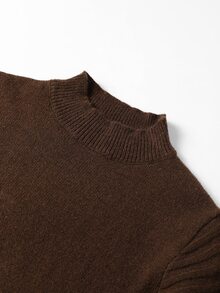 Nubod Plus Size High Neck Lantern Sleeve Ribbed Long Sleeve Sweater & Vertical Stripe Skirt 2 Pieces Set, Autumn/Winter - Brown - View 11
