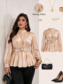 Allurite Plus Size Women's Autumn Solid Color Satin Metallic Luster Elegant Party Waist-Cinching A-Line Rhinestone Belt Buckle Glamorous Blouse Top - Gold - View 6