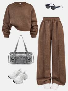 SHEIN 青少年女孩酸洗寬鬆衛衣與百褶寬腿運動褲2件套，棕色調，秋季休閒校園開學咖啡色系穿搭 - 咖啡棕 - 查看 3