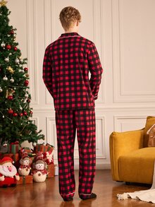 Notgurli Men's Red & Black Plaid 2 Pieces Pajama Set, Lapel Button-Up Long Sleeve Top & Long Pants, Loose Fit Loungewear For Autumn/Winter - Red - View 2