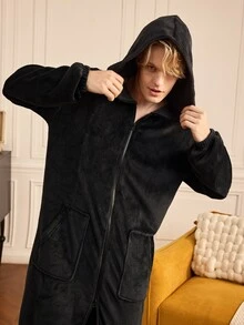 Provexi Provexi Men's Flannel Hooded Robe, Long Zip-Up Loose Fit Loungewear Pajama Jacket, Autumn/Winter - Black - View 7