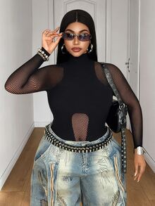 Maweii Women's Plus Size Sexy Fishnet Solid Color Bodysuit - Black - View 2