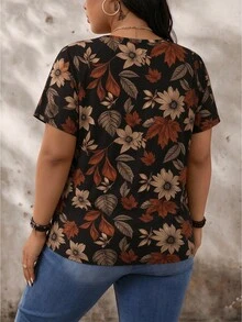 Comfylo Thanksgiving Teacher's Day Fallen Maple Leaf Pattern Plus Size Women's V-Neck Half-Zip Short Sleeve T-Shirt - Suitable For Commuting, Formal Occasions, Autumn/Winter New Arrival - Multicolor - View 2