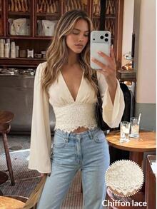 Serisse Women's Lace Deep V-Neck Bell Sleeve Blouse - Beige - View 1
