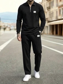 DAZY Men's Half-Zip Pullover Sweatshirt And Pants Set, Spring/Autumn - Black - View 7