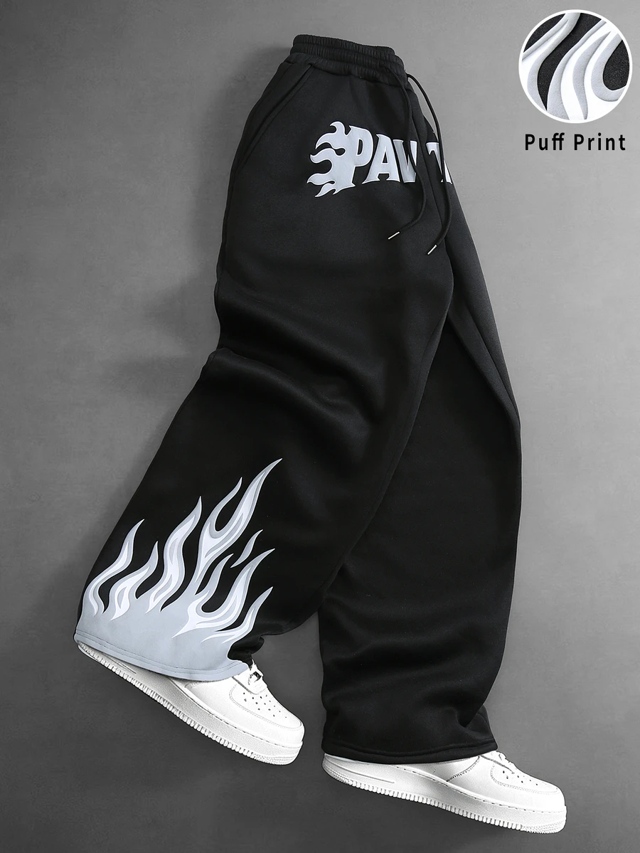 Manfinity Roghcode Men's Autumn/Winter Curved Leg Sweatpants, Flame Puff Print Craft, Millennium Theme Halloween Christmas Gift - Black - View 1