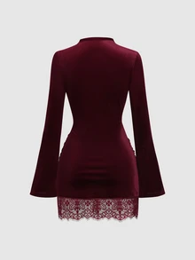 Sweetra Women's Spicy Style Semi-High Neck Flare Sleeve Ruched Bodycon Lace Trim Dress - Burgundy - View 3