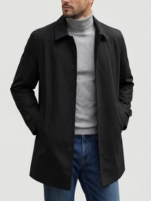 DAZY Vår/Höst Mellanlång svart lös passform enfärgad herrpendlar trenchcoat - Svart - Visa 6