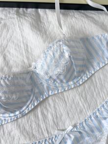 Napfluff Women's Lace Patchwork Bow Decor Spaghetti Strap Bra And Thong Lingerie Set - Blue and White - View 4