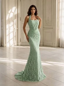 Coutiva Women's Solid Color Halter Neck Elegant Fitted Evening Dress - Green - View 5