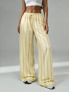 SHEIN Tall Women's Drawstring Striped Long Pants Suitable For Dating, Vacation, Party, Daily Wear, Gathering, Outdoor Activities - Yellow - View 1