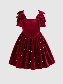 SHEIN 女童秋冬四季款酒紅色天鵝絨3D蝴蝶結裝飾收腰抓褶大裙擺公主吊帶洋裝，適合派對聚會、日常穿著、萬聖節、聖誕節 - 紅色 - 查看 6