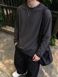 Manfinity Dauomo 男士葉脈印花圓領長袖休閒街頭風T恤 生日海灘灰色迷彩款 秋季 - 黑色 - 查看 3