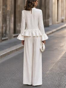 Balvessa Women's Solid Color Round Neck Ruffle Trim Fashionable Premium 2 Pieces Set - White - View 2