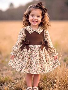 SHEIN Baby Girl Floral Bow Long Sleeve Colorblock Collar Dress - Brown - View 1