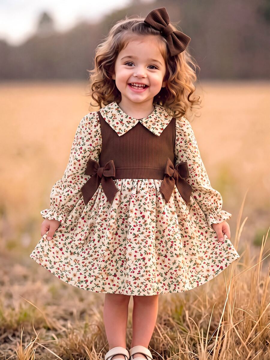 SHEIN Baby Girl Floral Bow Long Sleeve Colorblock Collar Dress - Brown - View 1