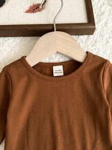 SHEIN Baby Girl Knit Solid Color Round Neck Patchwork Cute Floral Hem Casual Dress, Suitable For Autumn/Winter,New Fall Styles - Multicolor - View 4