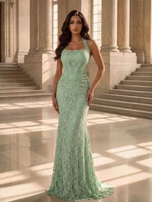 Coutiva Women's Solid Color Halter Neck Elegant Fitted Evening Dress - Green - View 1