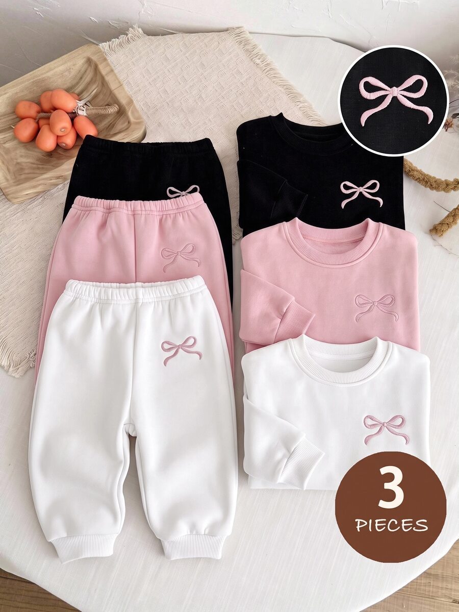 SHEIN 3件組女嬰愛心印花鬆緊腰長款冬季長褲 - 粉色 - 查看 1