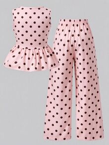 SHEIN Tween Girls 2pcs/Set Bow Button Polka Dot Print Tank Top & Long Pants S Set, Summer, Cute, Casual, Outfit, Holiday Outfits - Pink - View 2