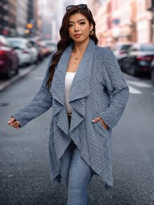 SHEIN Clasi 大尺碼秋季瀑布領米色保暖大衣 正式晚宴教師款 優雅休閒商務休閒 度假晚宴冬季 - 霧霾藍 - 查看 6