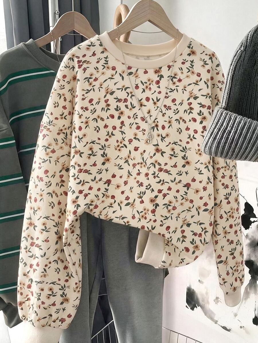 SHEIN LUNE 女款休閒寬鬆版型小碎花運動衫 - 白色 - 查看 1