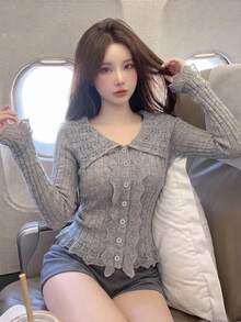 DAZY Women's Lapel Long Sleeve Minimalist Cardigan - Multicolor - View 2