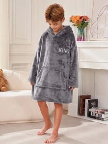 SHEIN 大童男孩秋冬款精緻Logo圖案 KING Little King 標誌圖案連帽長袖袋鼠口袋抓絨長款睡褲 - 灰色 - 查看 4
