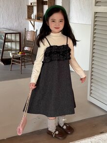 DAZY Young Girl Solid Color Frill Trim Casual Daily Summer Spaghetti Strap Dress - Dark Grey - View 7