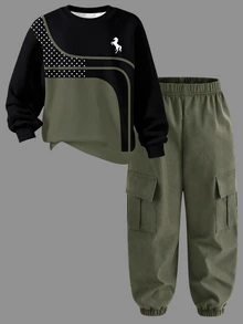 Teen Boys Striped Polka Dot Horse Logo Print Black & Green Colorblock Versatile Comfortable Crew Neck Sweatshirt + Army Green Jogger Cargo Pants Set, Suitable For All Seasons - Multicolor - View 3
