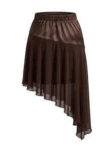 Sweetra Plus Size Women's Casual Commute Minimalist Woven Brown Patchwork Asymmetrical Skirt - Brown - View 2