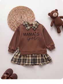 SHEIN Baby Girl Casual Comfortable Daily Versatile Cute Colorblock Plaid Long Sleeve Dress - Brown - View 1