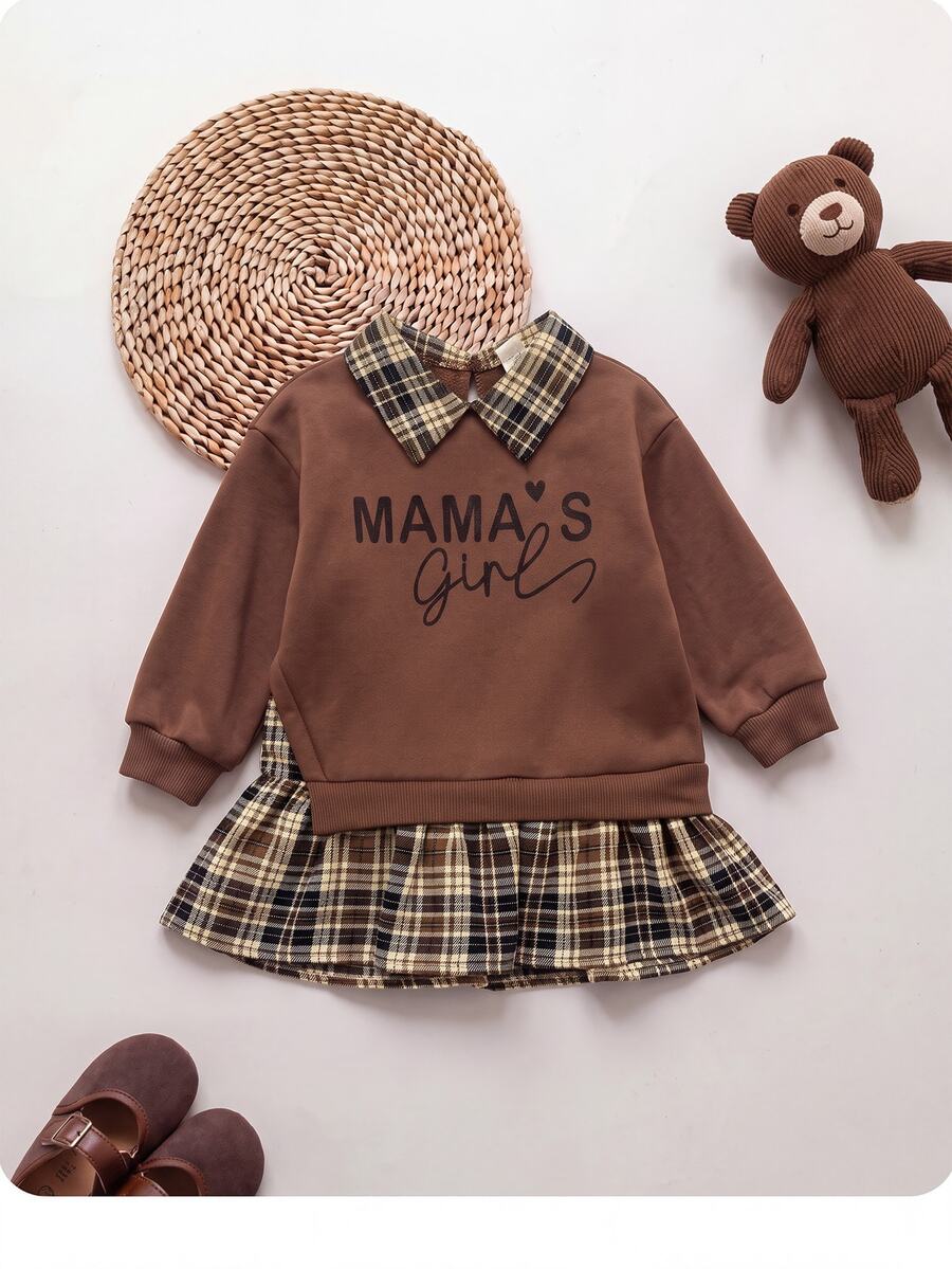 SHEIN Baby Girl Casual Comfortable Daily Versatile Cute Colorblock Plaid Long Sleeve Dress - Brown - View 1