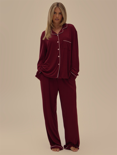 MUSERA Contrast Piped Hem Button Down Modal Boyfriend Pajama Shirt With Loose Fit Bottoms Set Lingerie Nightwear Christmas Winter Cute Holidays Sexy Humbug