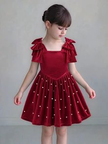 SHEIN 女童秋冬四季款酒紅色天鵝絨3D蝴蝶結裝飾收腰抓褶大裙擺公主吊帶洋裝，適合派對聚會、日常穿著、萬聖節、聖誕節 - 紅色 - 查看 10