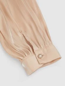 Allurite Plus Size Women's Autumn Solid Color Satin Metallic Luster Elegant Party Waist-Cinching A-Line Rhinestone Belt Buckle Glamorous Blouse Top - Gold - View 5