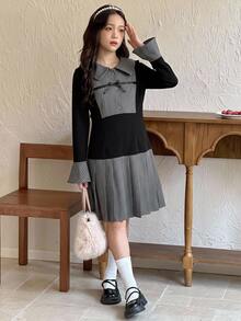 Dazy Kids Tween Girl Lapel Striped Bell Sleeve Long Sleeve Autumn Short Dress With Color Block Patchwork Design - Black - View 4