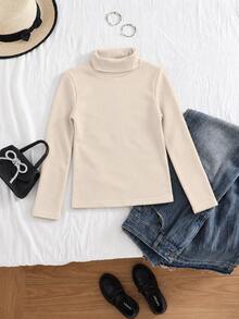 SHEIN Tween Girls Fall Tops Autumn/Winter Thick Warm Casual All-Match Versatile Daily Wear Layering High Neck Ribbed Fleece Fabric Solid C... - Apricot - View 4
