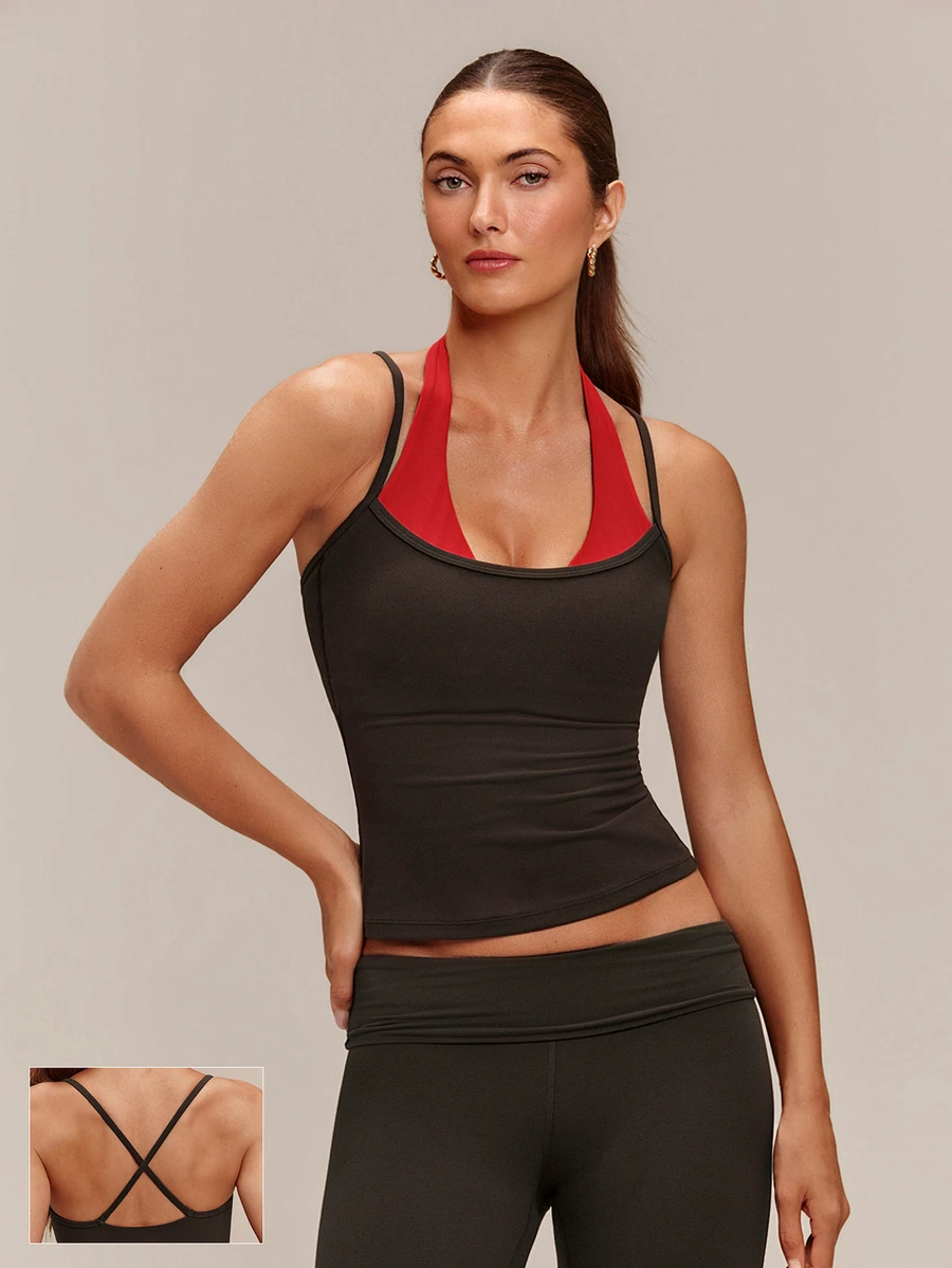 GLOWMODE FeatherFit™ Front And Center 2-In-1 Waist Length Tank Top With Crossover Back & Integrated Cup Design Low Impact Yoga Pilates Studio Daily Casual - Chocolate Brown - View 1