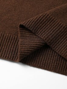 Nubod Plus Size High Neck Lantern Sleeve Ribbed Long Sleeve Sweater & Vertical Stripe Skirt 2 Pieces Set, Autumn/Winter - Brown - View 3