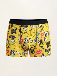 LOONEY TUNES X SHEIN Men's Black Trim Cartoon Print Boxer Briefs - Yellow - View 1