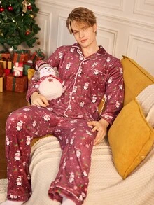 Notgurli Men's Flannel Christmas Penguin All-Over Print Pajama Set, Burgundy Lapel Cardigan Long Sleeve Top And Pants, 2 Pieces Autumn/Winter Loungewear - Burgundy - View 7