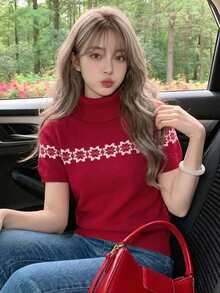 DAZY Áo len dệt kim tay ngắn cổ tròn họa tiết jacquard phong cách vintage cho nữ dịp Giáng Sinh - Đỏ - Xem 6
