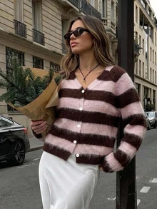 Livesso Women's Pink Round Neck Button Cable Knit Long Sleeve Slim Fit Ribbed Cardigan, Autumn/Winter - Pink - View 5