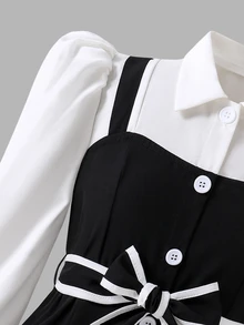SHEIN 少女領口拼接格紋學院風鈕扣泡泡長袖上衣配鬆緊腰百褶裙，適合春秋穿著 - 黑色 - 查看 8
