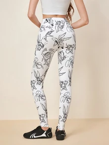 LOONEY TUNES X SHEIN Women's Cartoon Print High Waist Casual Daily Wear Tight Leggings - White - View 2