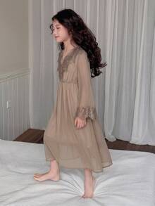 Dazy Kids Tween Girl V-Neck Lace Patchwork Bell Sleeve Cinched Waist Long Dress Loungewear - Khaki - View 5