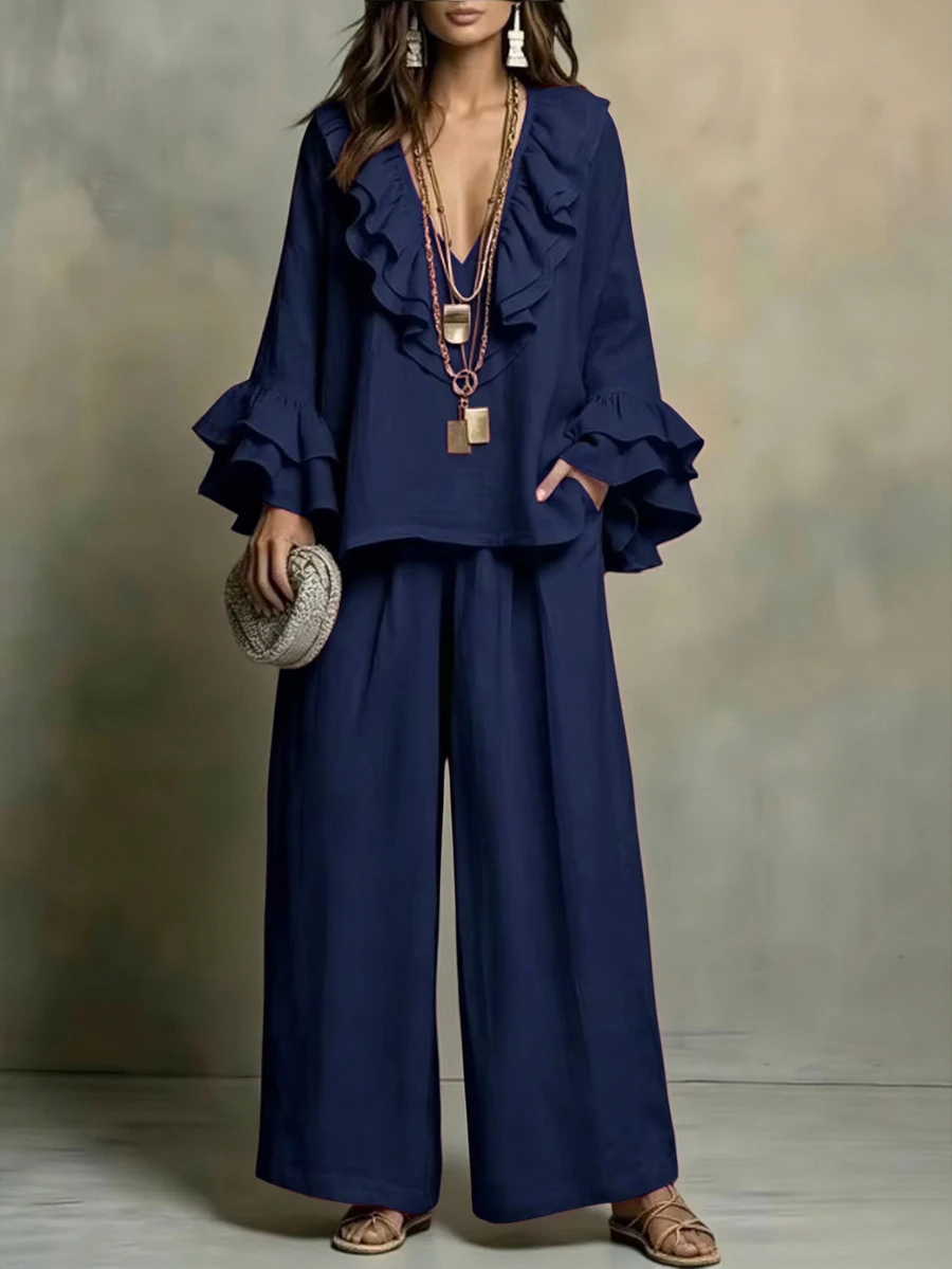 Linhara CURVE Plus Size Women's Autumn Casual Burgundy V-Neck Long Sleeve Ruffle Collar & Cuffs Loose Slimming Top & Wide Leg Pants 2 Pieces Set For Outings Fall - Navy Blue - View 1