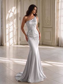 Coutiva Women's Asymmetrical Shoulder Cinched Waist Solid Color Evening Gown - Light Grey - View 3